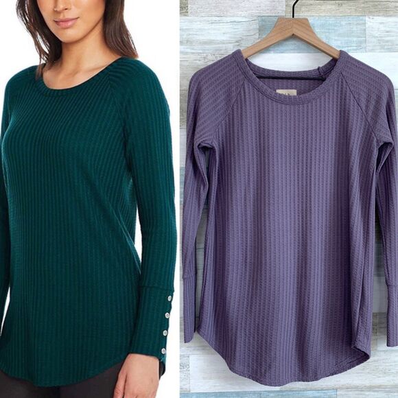 Chaser Waffle Knit Thermal Top Purple Raglan Button Sleeve Casual Womens Small - Picture 1 of 9